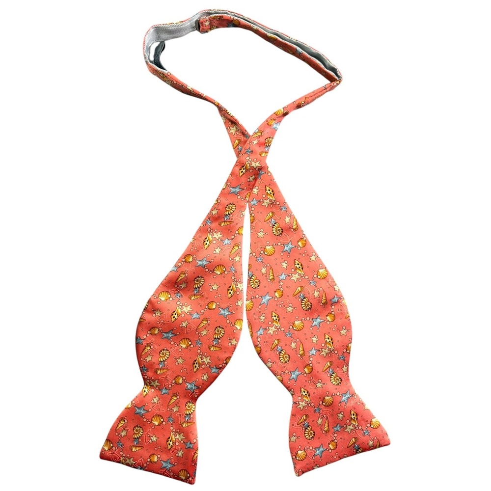 Leonard Paris 100% Silk Bow Tie Mens Coral Orange Seashells Made in Italy 3"